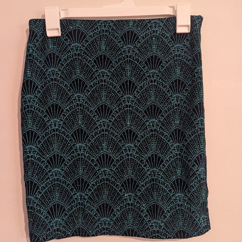 Gorgeous black and shiny teal stretch mini skirt. So pr
